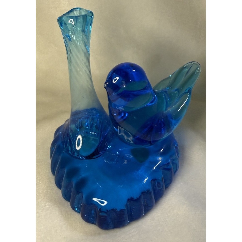 Blue Bird of Happiness W/ Bud Vase Heart Base Art Glass Signed Leo Ward 1997 Big